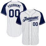 Custom Navy Pinstripe Baseball Jersey with Gray Authentic Raglan Sleeves - White Color Option Custom White Navy Pinstripe