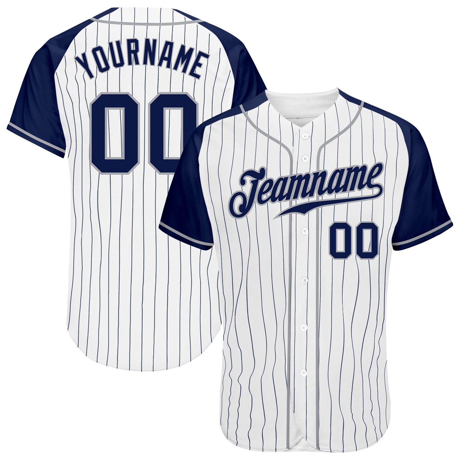 Custom Navy Pinstripe Baseball Jersey with Gray Authentic Raglan Sleeves - White Color Option Custom White Navy Pinstripe