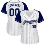 Custom Navy Pinstripe Baseball Jersey with Gray Authentic Raglan Sleeves - White Color Option Custom White Navy Pinstripe - Image 2