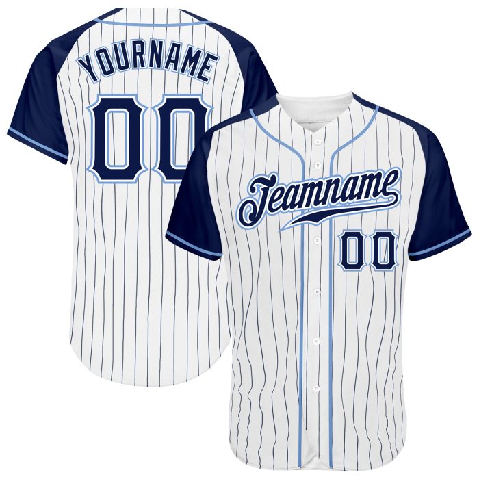 Custom Navy-Light Blue Pinstripe Baseball Jersey with Raglan Sleeves Custom White Navy Pinstripe Navy-Light Blue Authentic - Image 1