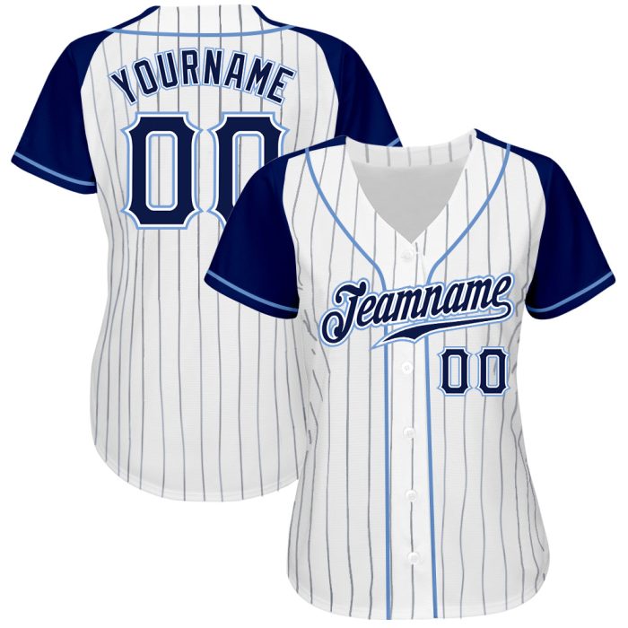 Custom Navy-Light Blue Pinstripe Baseball Jersey with Raglan Sleeves Custom White Navy Pinstripe Navy-Light Blue Authentic - Image 2