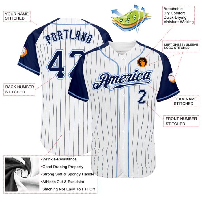 Custom Navy-Light Blue Pinstripe Baseball Jersey with Raglan Sleeves Custom White Navy Pinstripe Navy-Light Blue Authentic - Image 3