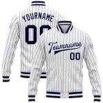Custom Navy-White Pinstripe Varsity Letterman Bomber Jacket Full-Snap Custom White Navy Pinstripe Navy-White Bomber Full-Snap