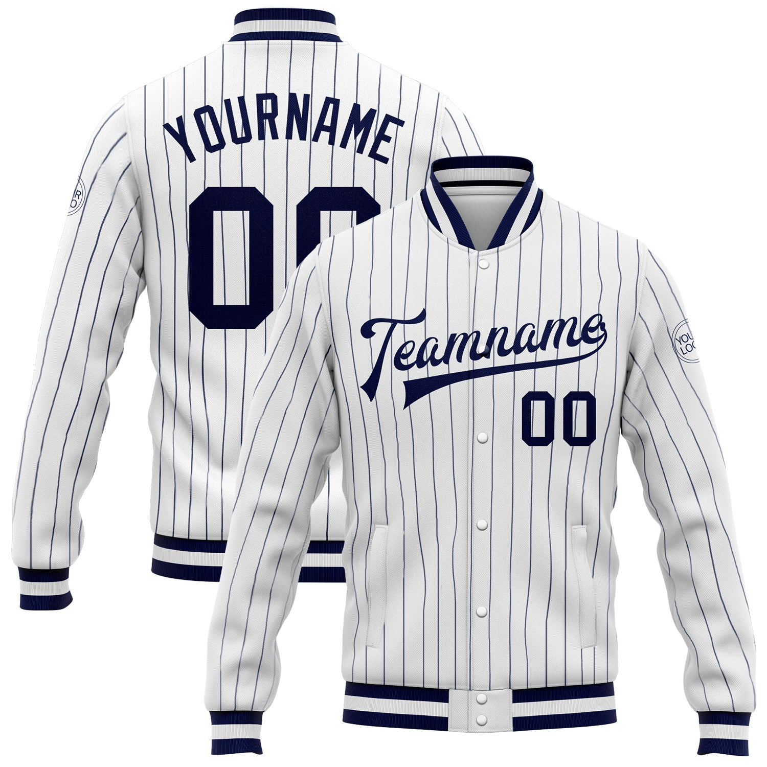 Custom White Navy Pinstripe Navy-White Bomber Full-Snap Varsity Letterman Jacket Custom Navy-White Pinstripe Varsity Letterman Bomber Jacket Full-Snap Custom White Navy Pinstripe Navy-White Bomber Full-Snap - Image 1
