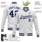 Custom Navy-White Pinstripe Varsity Letterman Bomber Jacket Full-Snap Custom White Navy Pinstripe Navy-White Bomber Full-Snap - Image 3