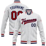Custom Navy Pinstripe Red-Navy Bomber Jacket Full-Snap Varsity Letterman Style Custom White Navy Pinstripe Red-Navy Bomber