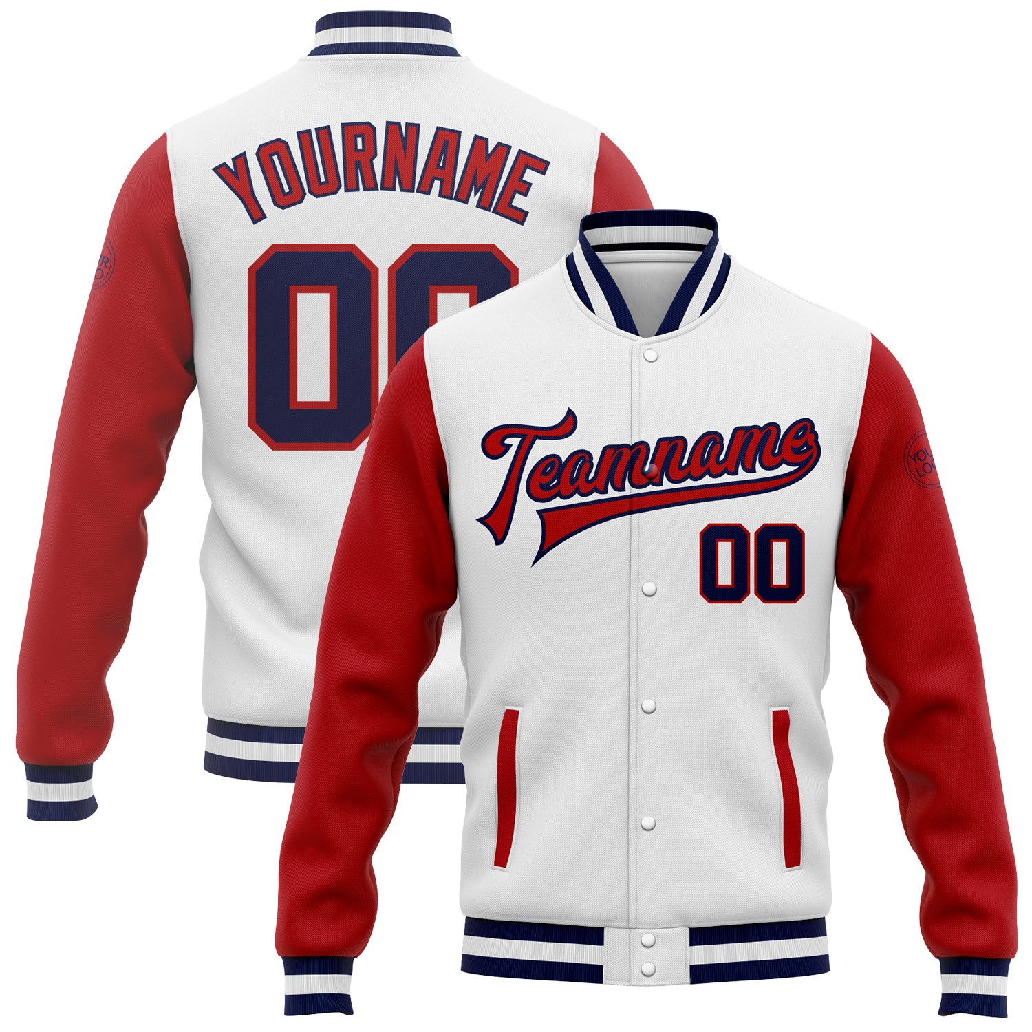 Custom Two Tone Navy Red Bomber Jacket Full-Snap Varsity Letterman Custom White Navy-Red Bomber Full-Snap Varsity Letterman