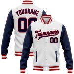 Custom Bomber Varsity Jacket Navy Red Two Tone Full-Snap Style 9910 Custom White Navy-Red Bomber Full-Snap Varsity Letterman