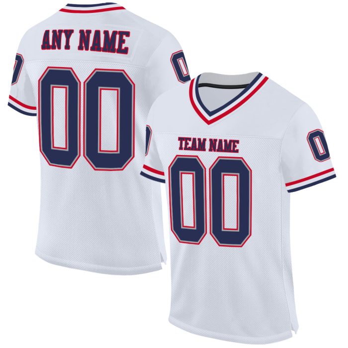 Custom Navy Red Mesh Throwback Football Jersey - Authentic Style 7004 Custom White Navy-Red Mesh Authentic Throwback Football - Image 1