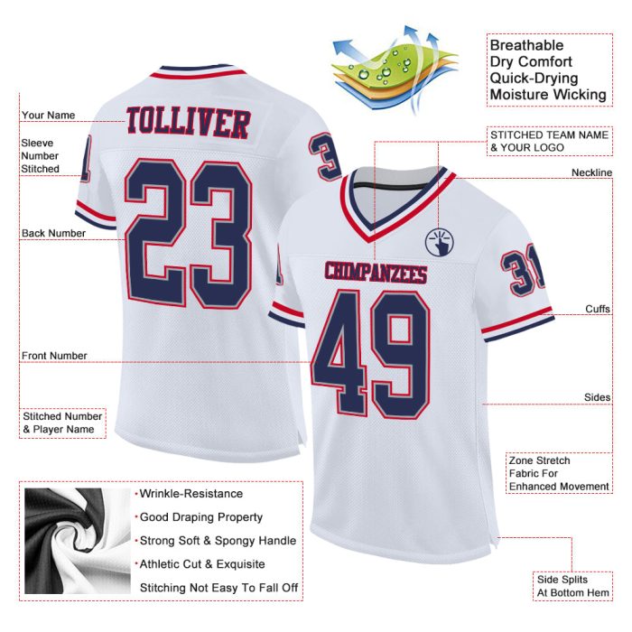 Custom Navy Red Mesh Throwback Football Jersey - Authentic Style 7004 Custom White Navy-Red Mesh Authentic Throwback Football - Image 2