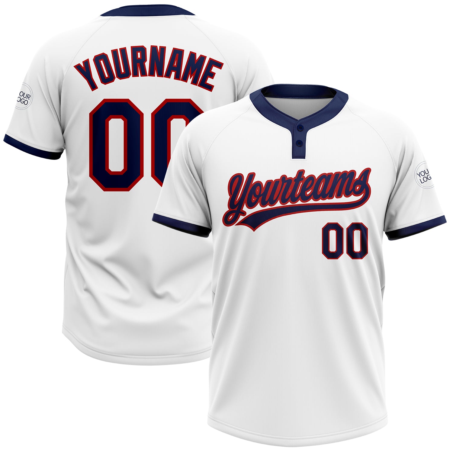 Custom Softball Jersey Unisex Two-Button White Navy-Red Design Custom White Navy-Red Two-Button Unisex Softball Jersey