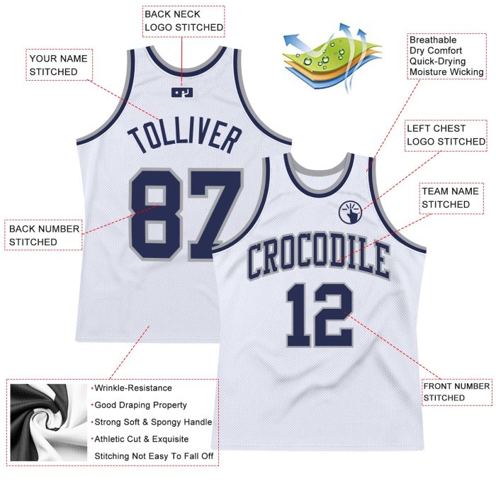 Custom Basketball Jersey - Authentic Throwback in White, Navy, and Silver Gray Custom White Navy-Silver Gray Authentic Throwback - Image 2