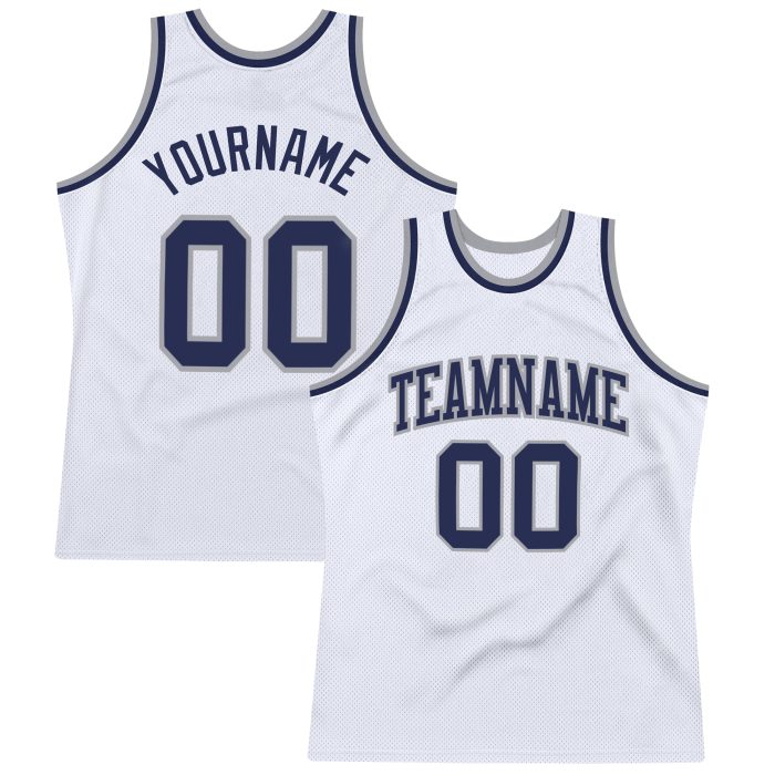 Custom Basketball Jersey - Authentic Throwback in White, Navy, and Silver Gray Custom White Navy-Silver Gray Authentic Throwback - Image 1