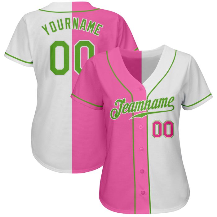 Custom Neon Pink-Green Split Fashion Baseball Jersey - Authentic White Jersey Custom White Neon Green-Pink Authentic Split - Image 2
