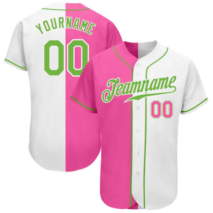 Custom Neon Pink-Green Split Fashion Baseball Jersey - Authentic White Jersey Custom White Neon Green-Pink Authentic Split - Image 1