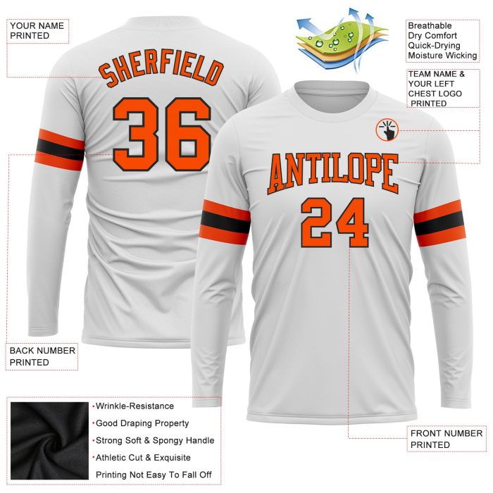 Custom Performance Long Sleeve T-Shirt in White, Orange, and Black Custom White Orange-Black Long Sleeve Performance T-Shirt - Image 3