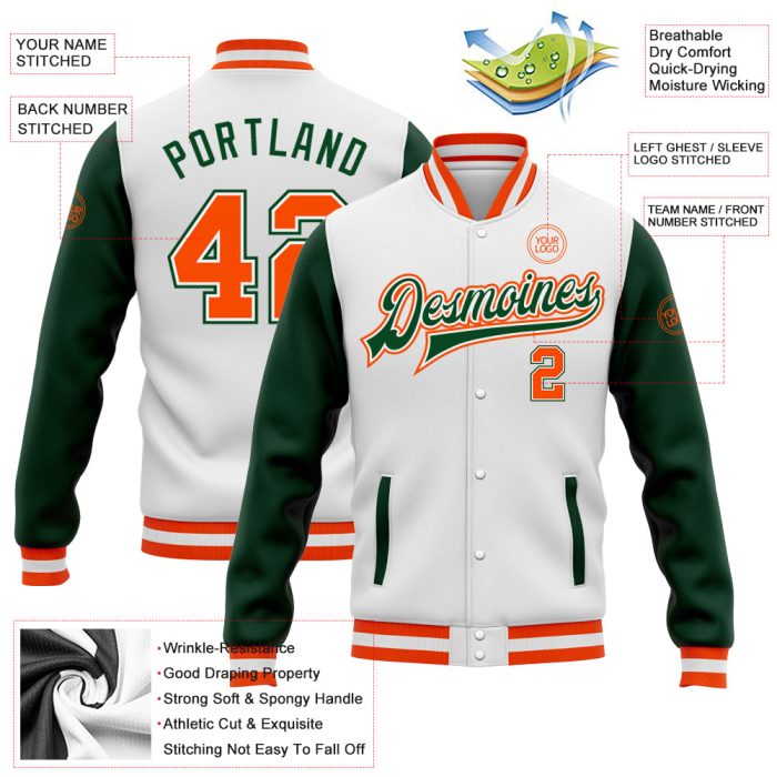 Custom Two Tone Varsity Letterman Jacket - White Orange-Green Bomber Full-Snap Custom White Orange-Green Bomber Full-Snap - Image 3