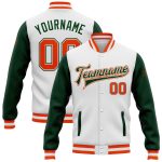 Custom Two Tone Varsity Letterman Jacket - White Orange-Green Bomber Full-Snap Custom White Orange-Green Bomber Full-Snap