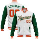 Custom Two Tone Bomber Jacket in White Orange Kelly Green - Full-Snap Varsity Letterman Style Custom White Orange-Kelly Green
