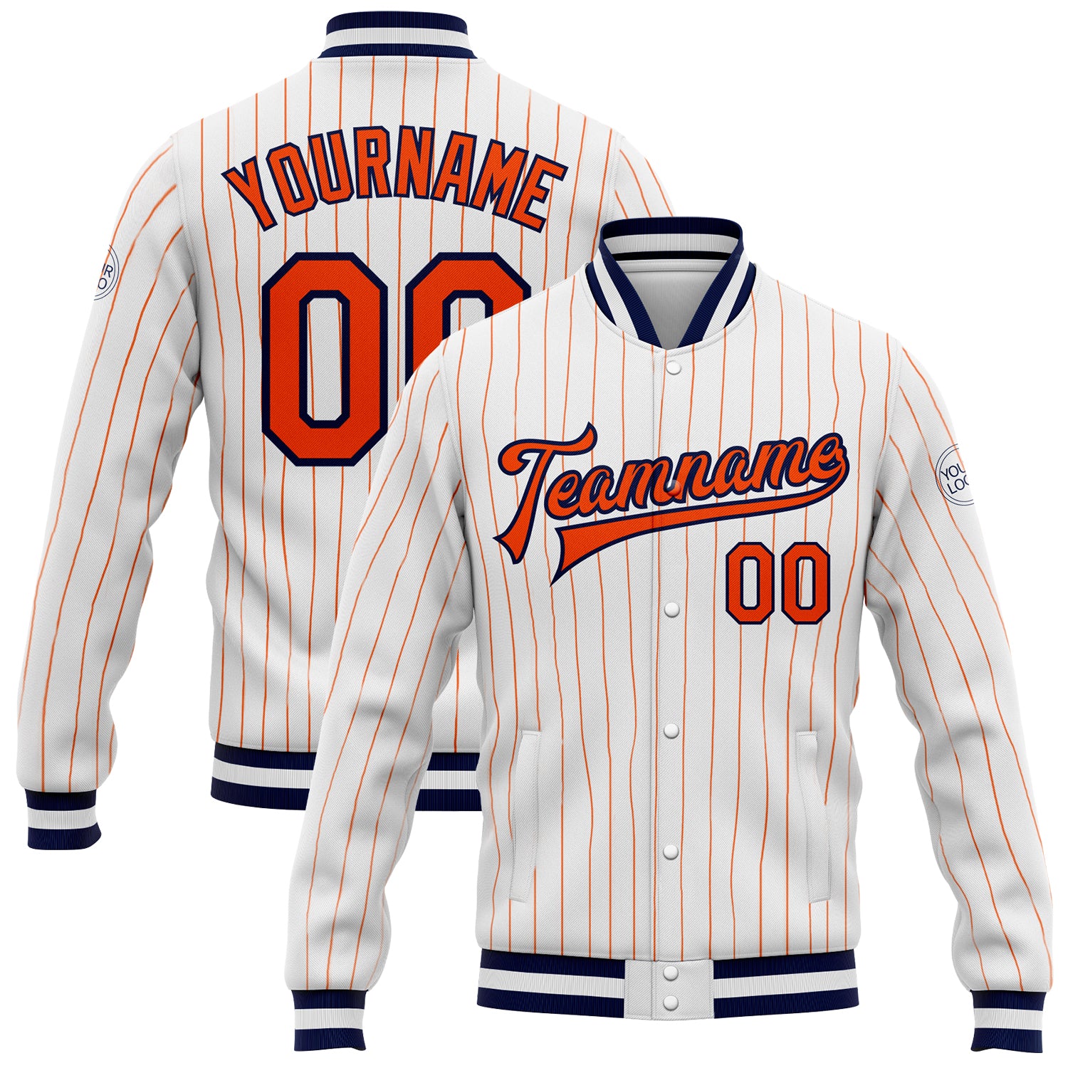 Custom Orange Navy Pinstripe Full-Snap Varsity Bomber Letterman Jacket Custom White Orange Pinstripe Orange-Navy Bomber Full-Snap