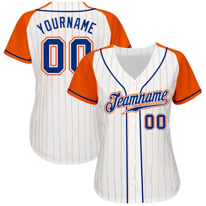 Custom Orange Pinstripe Baseball Jersey - Royal-Orange Authentic Raglan Sleeves Custom White Orange Pinstripe Royal-Orange - Image 2