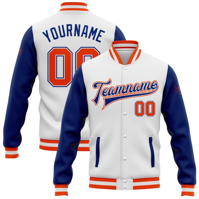 Custom Varsity Letterman Bomber Jacket Orange Royal Two-Tone Full-Snap White Custom White Orange-Royal Bomber Full-Snap Varsity - Image 1