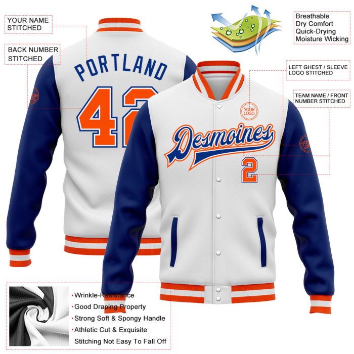 Custom Varsity Letterman Bomber Jacket Orange Royal Two-Tone Full-Snap White Custom White Orange-Royal Bomber Full-Snap Varsity - Image 3