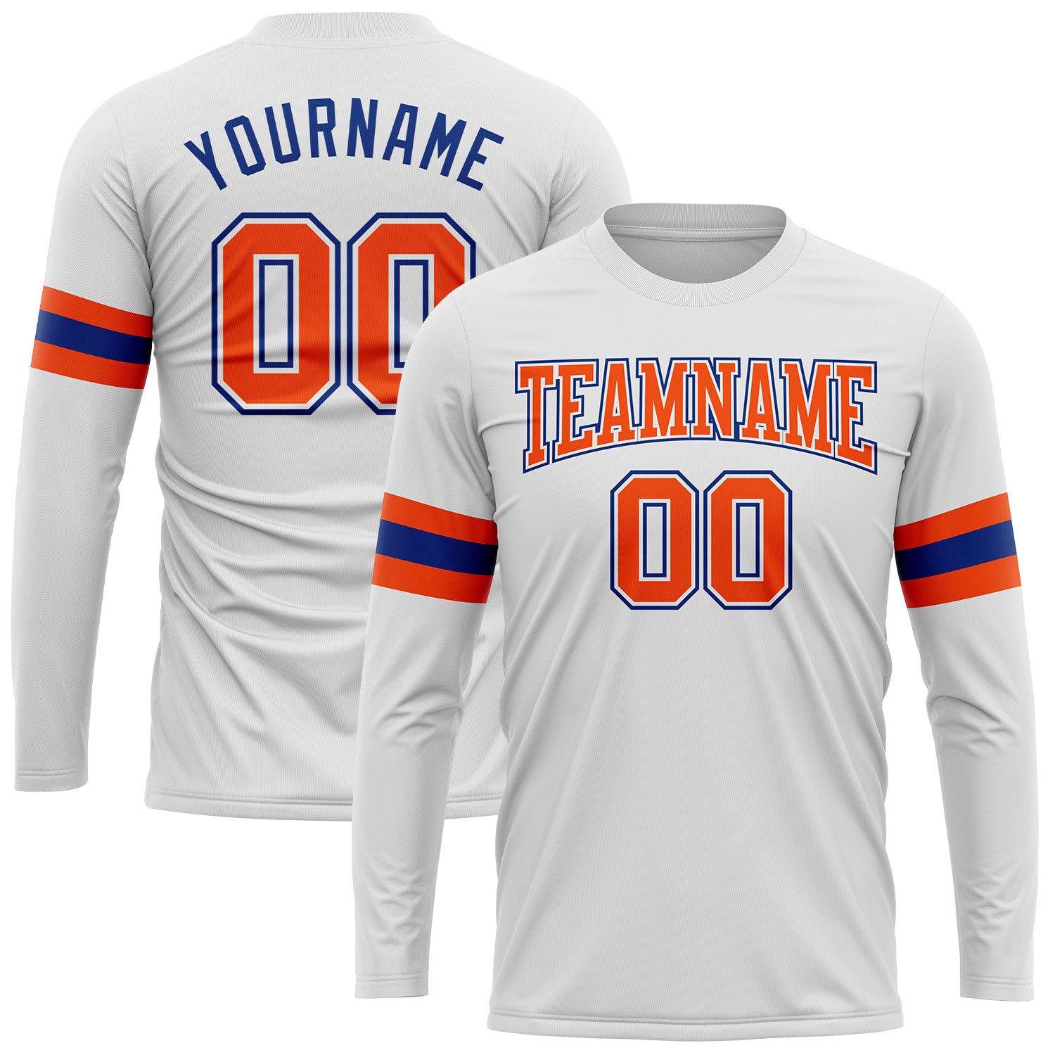 Custom Performance T-Shirt for Men, Long Sleeve in White with Orange-Royal Accents Custom White Orange-Royal Long Sleeve