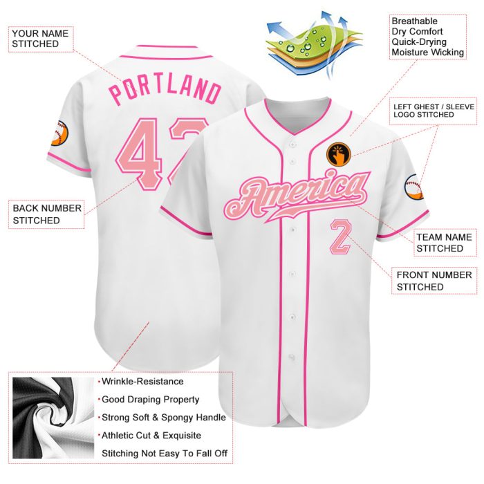 Custom Authentic Pink White Baseball Jersey for Men and Women Custom White Pink Authentic Baseball Jersey - Image 3