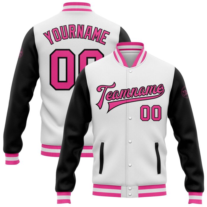 Custom Letterman Jacket Two Tone White Pink Black Full-Snap Varsity Bomber Custom White Pink-Black Bomber Full-Snap Varsity - Image 1