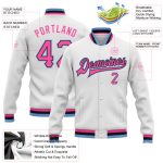 Custom Varsity Letterman Jacket White Pink Black Light Blue Full-Snap Bomber Custom White Pink Black-Light Blue Bomber Full-Snap - Image 3