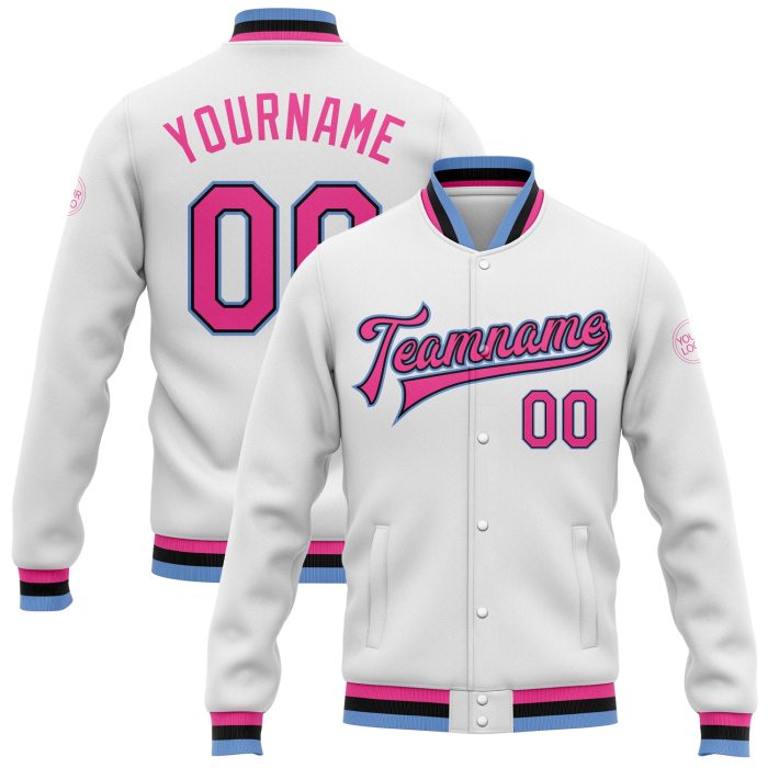 Custom Varsity Letterman Jacket White Pink Black Light Blue Full-Snap Bomber Custom White Pink Black-Light Blue Bomber Full-Snap - Image 1