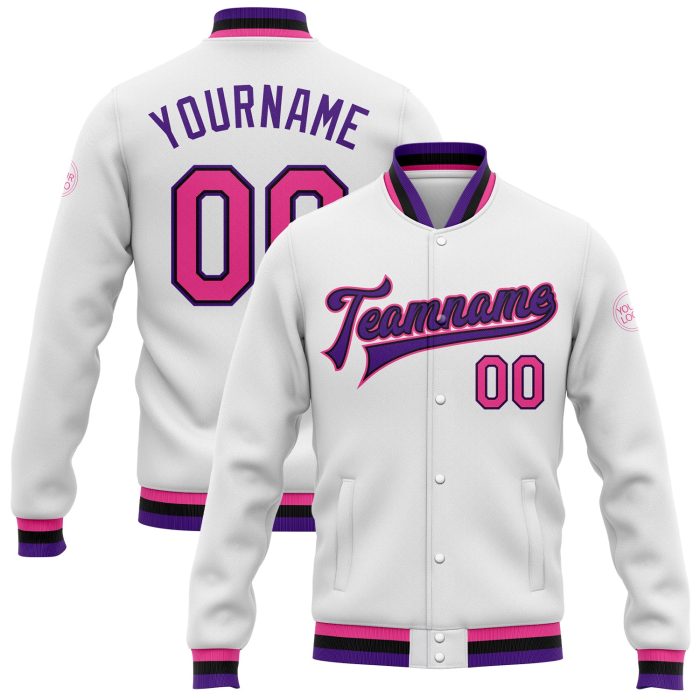 Custom Bomber Jacket in White Pink Black Purple - Full Snap Varsity Letterman Style Custom White Pink Black-Purple Bomber - Image 1