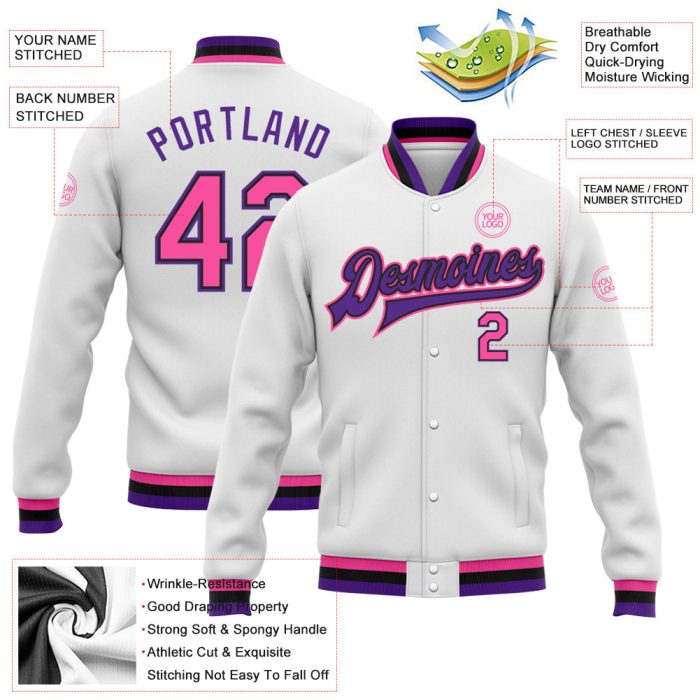 Custom Bomber Jacket in White Pink Black Purple - Full Snap Varsity Letterman Style Custom White Pink Black-Purple Bomber - Image 3