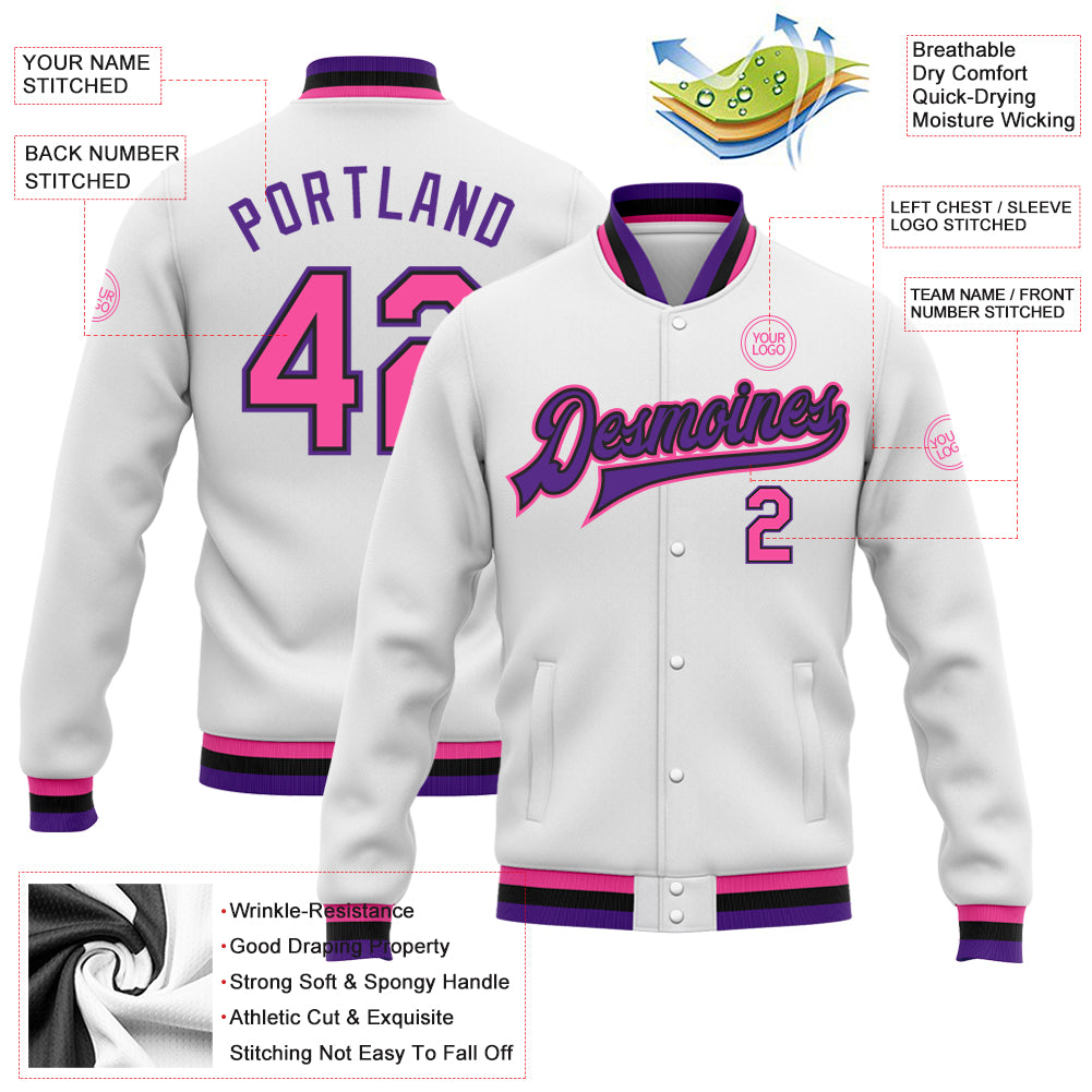 Custom White Pink Black-Purple Bomber Full-Snap Varsity Letterman Jacket Custom Bomber Jacket in White Pink Black Purple - Full Snap Varsity Letterman Style Custom White Pink Black-Purple Bomber - Image 3