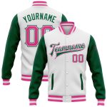 Custom Bomber Jacket White Pink Kelly Green Two Tone Full-Snap Varsity Letterman Custom White Pink-Kelly Green Bomber Full-Snap