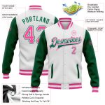 Custom Bomber Jacket White Pink Kelly Green Two Tone Full-Snap Varsity Letterman Custom White Pink-Kelly Green Bomber Full-Snap - Image 3