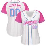 Custom Light Blue Pink Pinstripe Baseball Jersey with Authentic Raglan Sleeves Custom White Pink Pinstripe Light Blue-Pink - Image 2