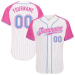 Custom Light Blue Pink Pinstripe Baseball Jersey with Authentic Raglan Sleeves Custom White Pink Pinstripe Light Blue-Pink
