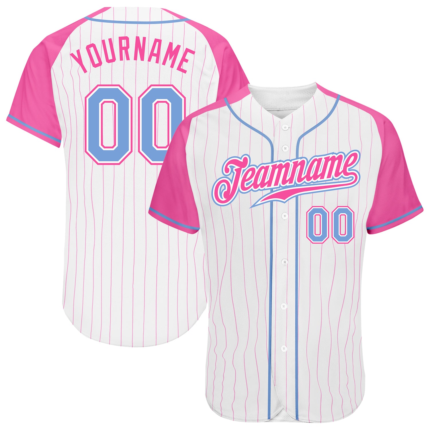 Custom Light Blue Pink Pinstripe Baseball Jersey with Authentic Raglan Sleeves Custom White Pink Pinstripe Light Blue-Pink