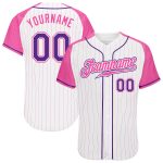 Custom Pink White Pinstripe Raglan Sleeves Baseball Jersey - Authentic, Purple-Pink Design Custom White Pink Pinstripe Purple-Pink
