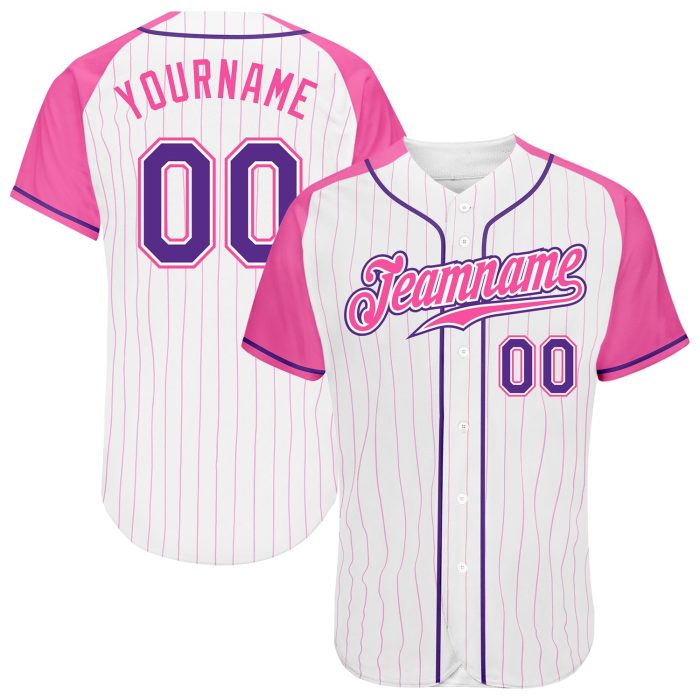 Custom Pink White Pinstripe Raglan Sleeves Baseball Jersey - Authentic, Purple-Pink Design Custom White Pink Pinstripe Purple-Pink - Image 1