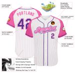 Custom Pink White Pinstripe Raglan Sleeves Baseball Jersey - Authentic, Purple-Pink Design Custom White Pink Pinstripe Purple-Pink - Image 3