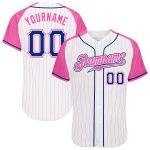 Custom Pink Pinstripe Baseball Jersey with Royal-Pink Raglan Sleeves - Authentic Design Custom White Pink Pinstripe Royal-Pink