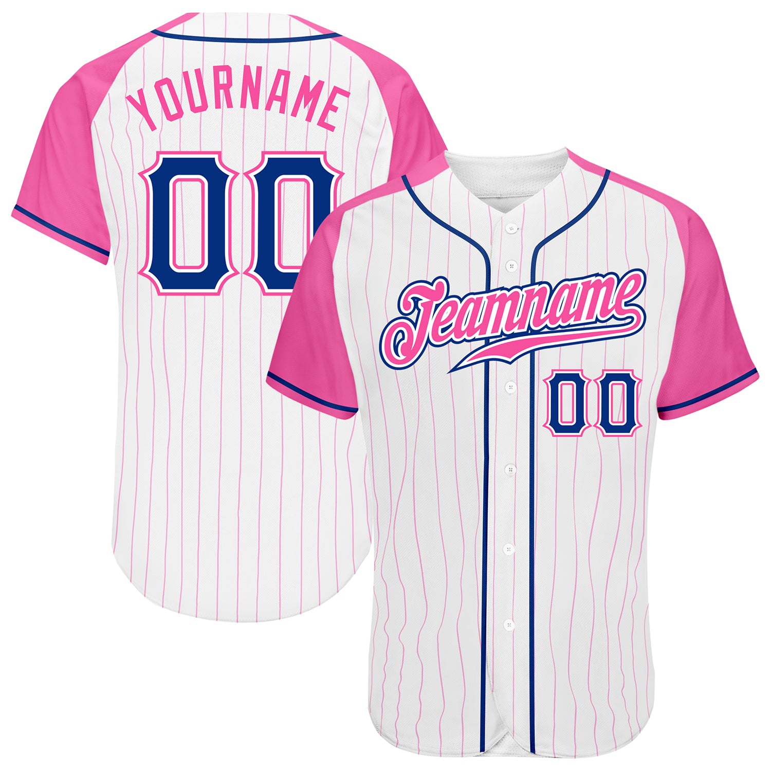 Custom White Pink Pinstripe Royal-Pink Authentic Raglan Sleeves Baseball Jersey Custom Pink Pinstripe Baseball Jersey with Royal-Pink Raglan Sleeves - Authentic Design Custom White Pink Pinstripe Royal-Pink - Image 1