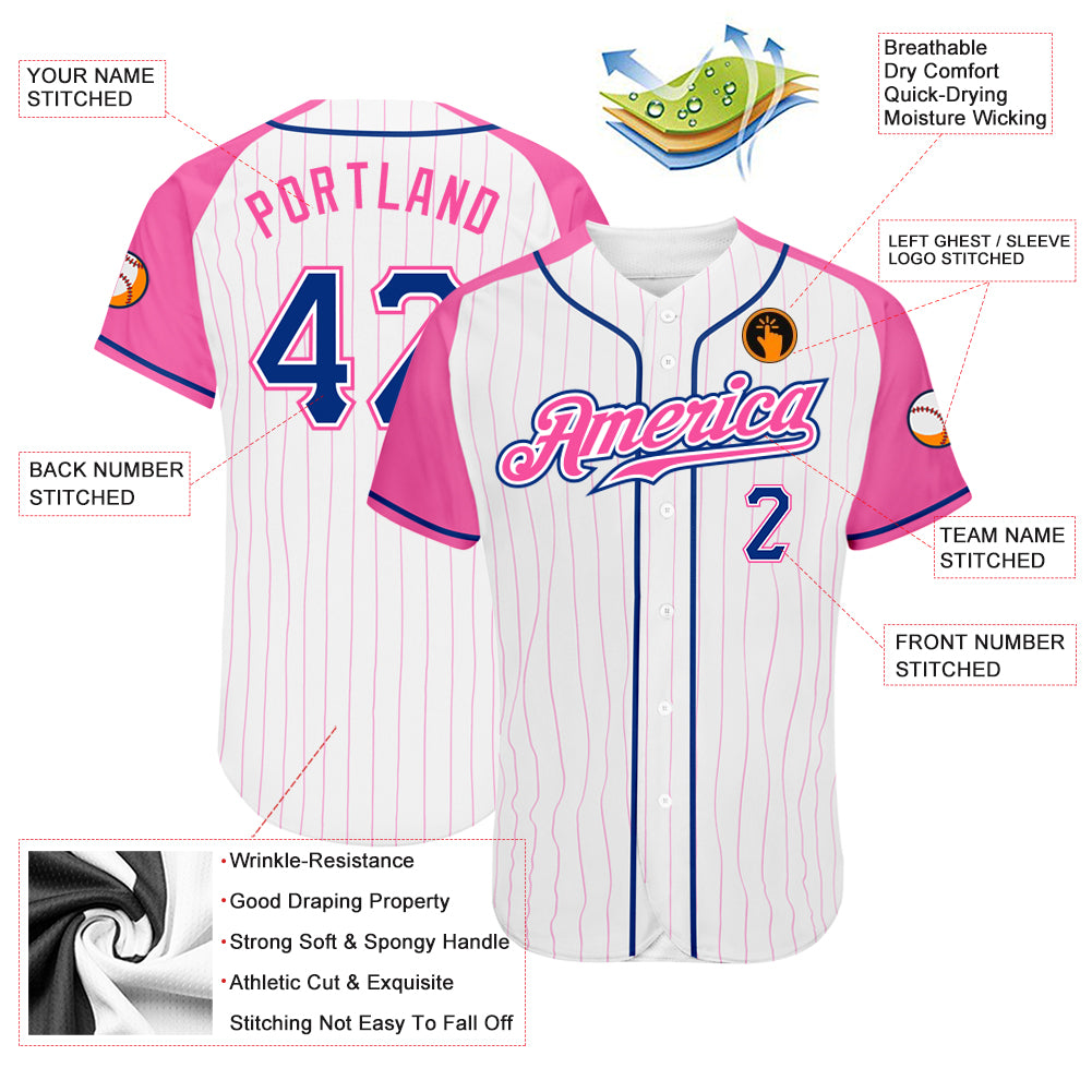 Custom White Pink Pinstripe Royal-Pink Authentic Raglan Sleeves Baseball Jersey Custom Pink Pinstripe Baseball Jersey with Royal-Pink Raglan Sleeves - Authentic Design Custom White Pink Pinstripe Royal-Pink - Image 3
