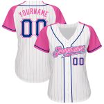 Custom Pink Pinstripe Baseball Jersey with Royal-Pink Raglan Sleeves - Authentic Design Custom White Pink Pinstripe Royal-Pink - Image 2