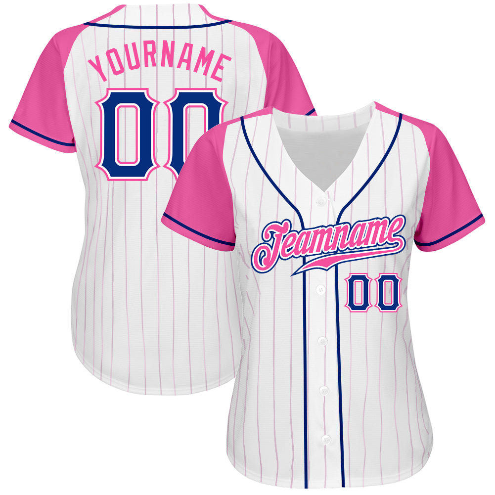 Custom White Pink Pinstripe Royal-Pink Authentic Raglan Sleeves Baseball Jersey Custom Pink Pinstripe Baseball Jersey with Royal-Pink Raglan Sleeves - Authentic Design Custom White Pink Pinstripe Royal-Pink - Image 2