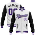Custom Two Tone Bomber Jacket - White Black Purple Full-Snap Varsity Letterman Custom White Purple-Black Bomber Full-Snap