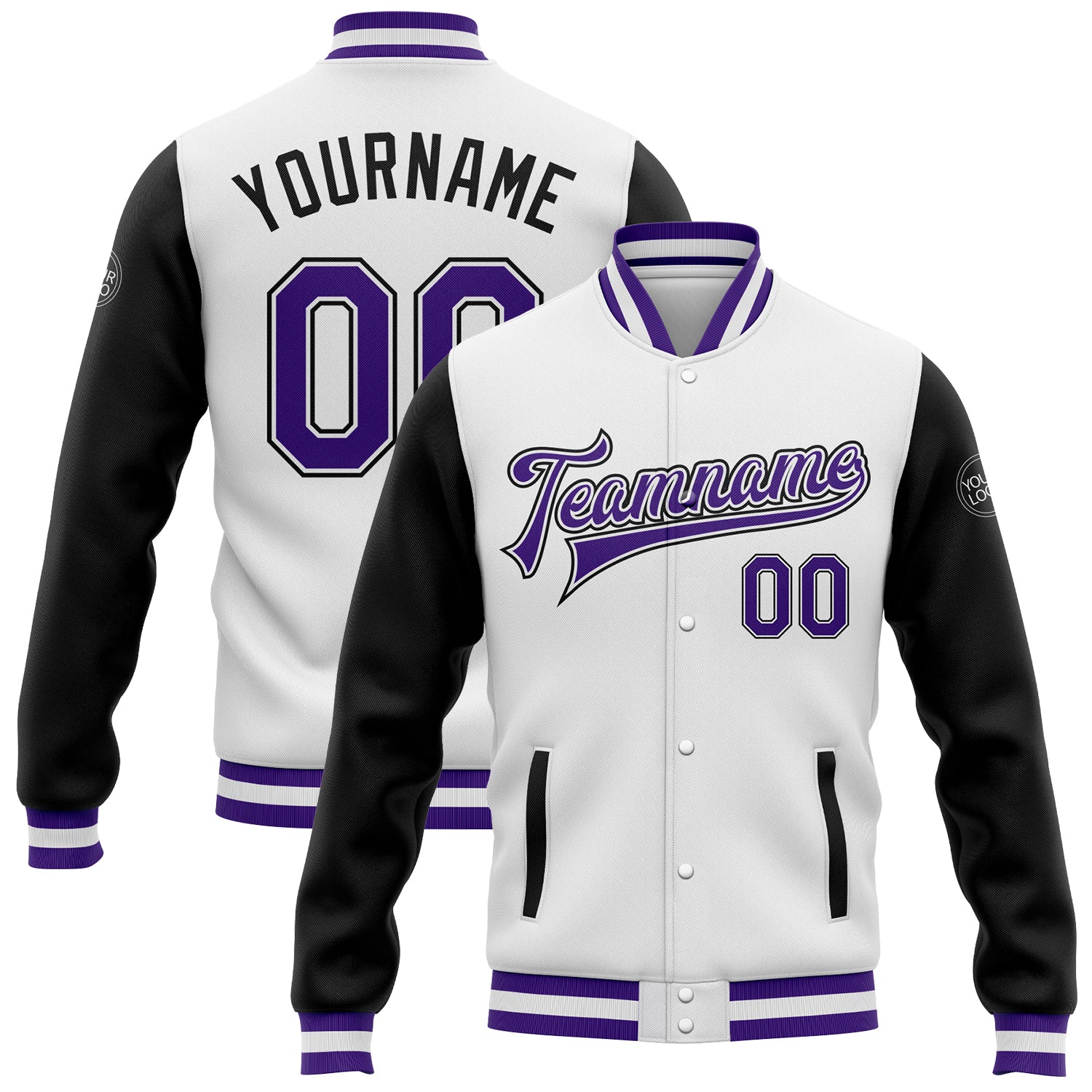 Custom Two Tone Bomber Jacket - White Black Purple Full-Snap Varsity Letterman Custom White Purple-Black Bomber Full-Snap